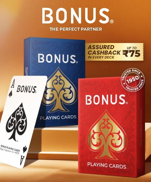 Red and blue BONUS gaming playing cards, front view, for classic card games and family fun