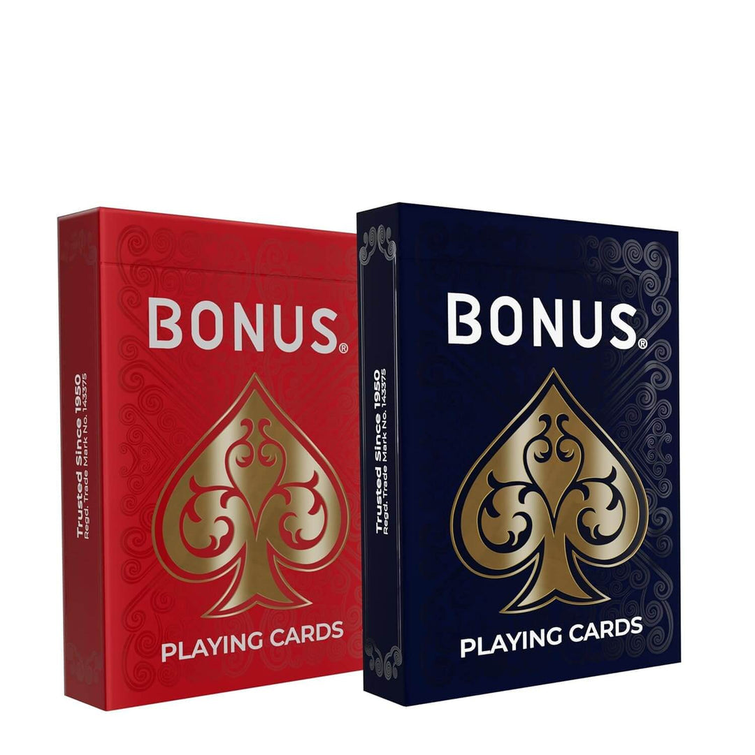 Bonus gaming playing cards in red and blue boxes, front view, perfect for card games and family activities