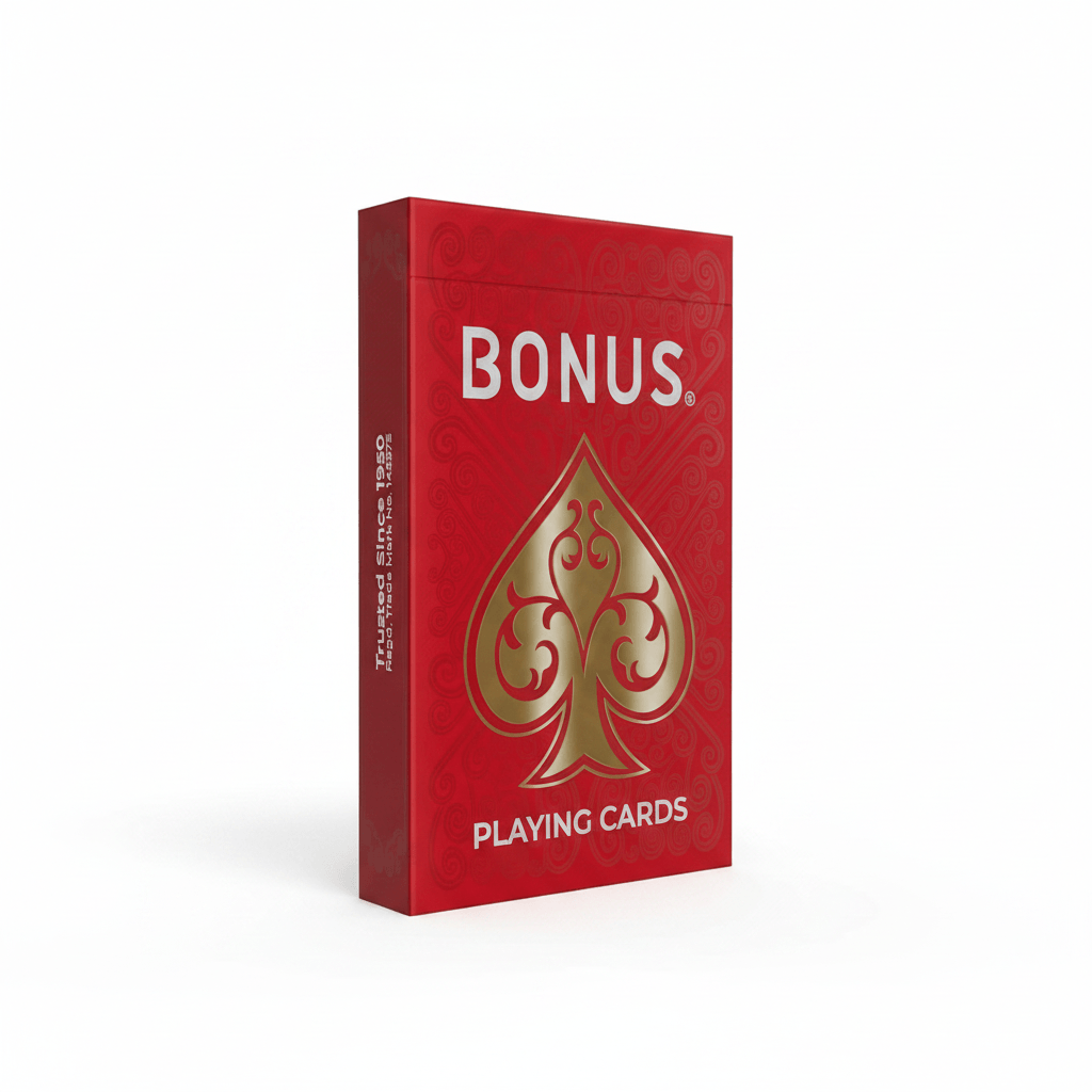 Red Bonus gaming playing cards box with intricate gold design, side view, for fun card games