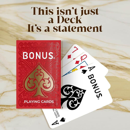 Red BONUS gaming playing cards in decorative packaging, side view, for fun card games and gatherings