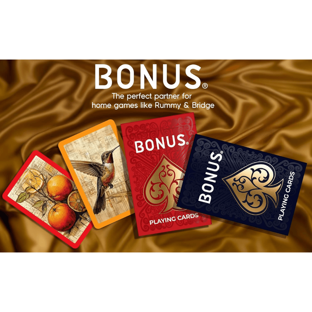 Bonus gaming playing cards in assorted colors, displayed on a textured golden background for Rummy and Bridge games