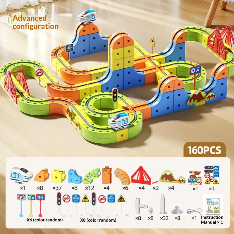 Colorful building blocks set with train tracks and accessories, top view, for creative play and construction