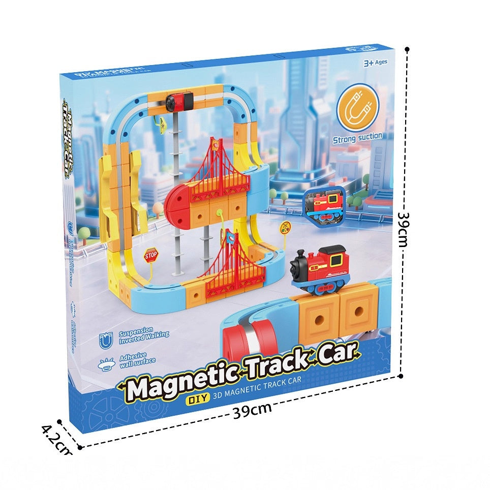 Colorful magnetic track car building set with strong suction for creative play, front view, for kids aged 3 and up