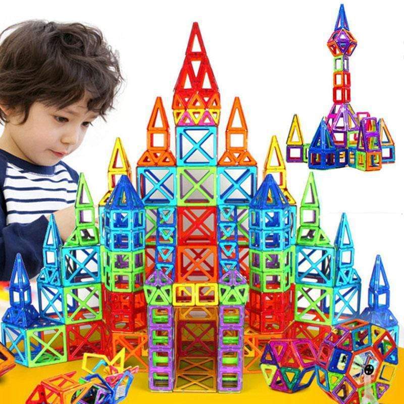 Colorful building blocks set with a child constructing a castle design, promoting creativity and play