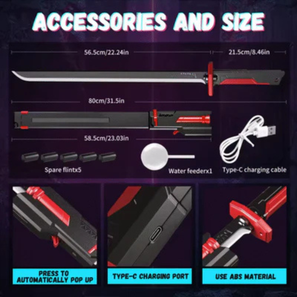 Black katana sword kids lightsaber sword with smoke effect, top view, perfect for imaginative play in Ahmedabad Gujarat.