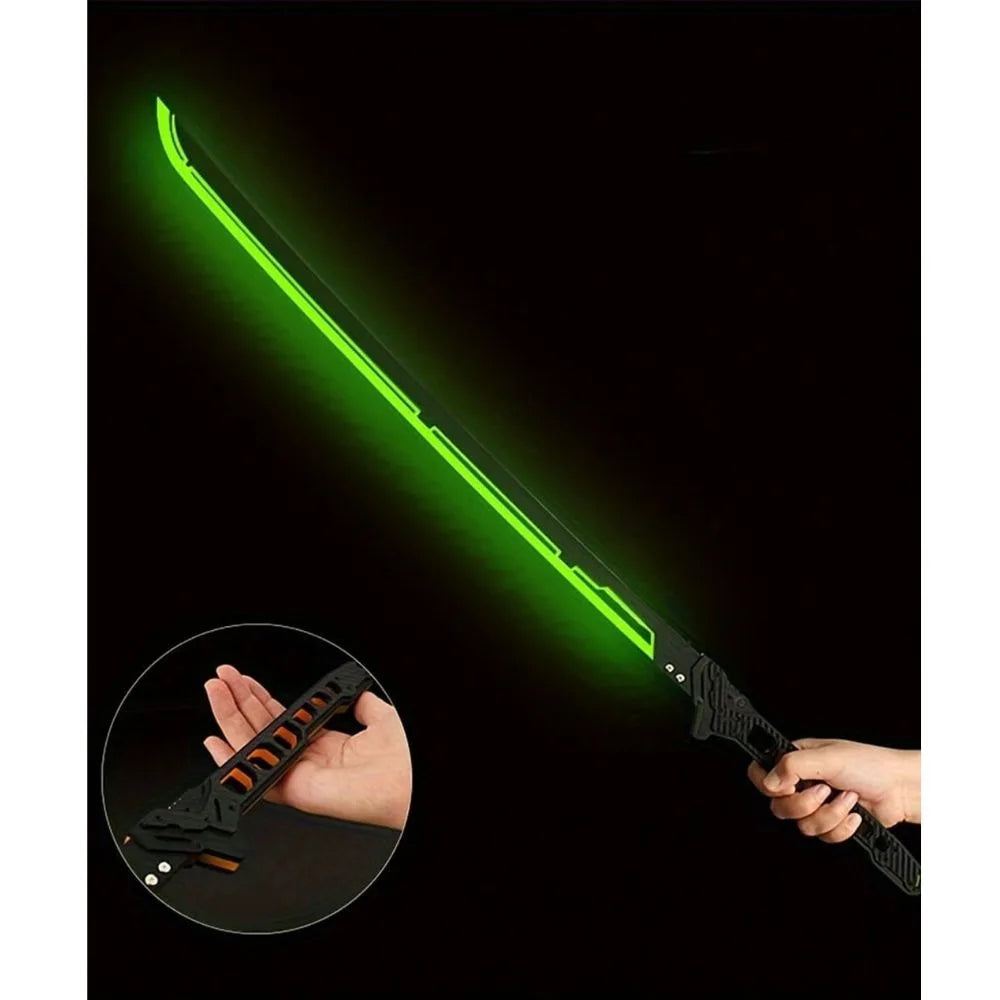 Green katana sword kids lightsaber sword with smoke effect, held in hand for imaginative play