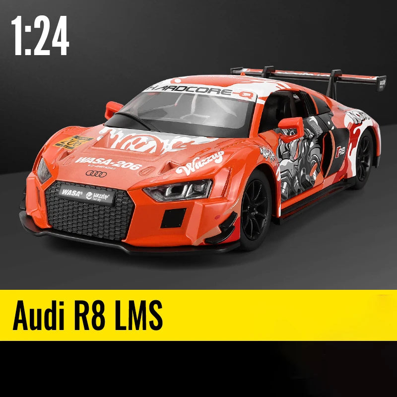 1:24 scale orange Audi R8 LMS car toy, front view, perfect for collectors and racing enthusiasts