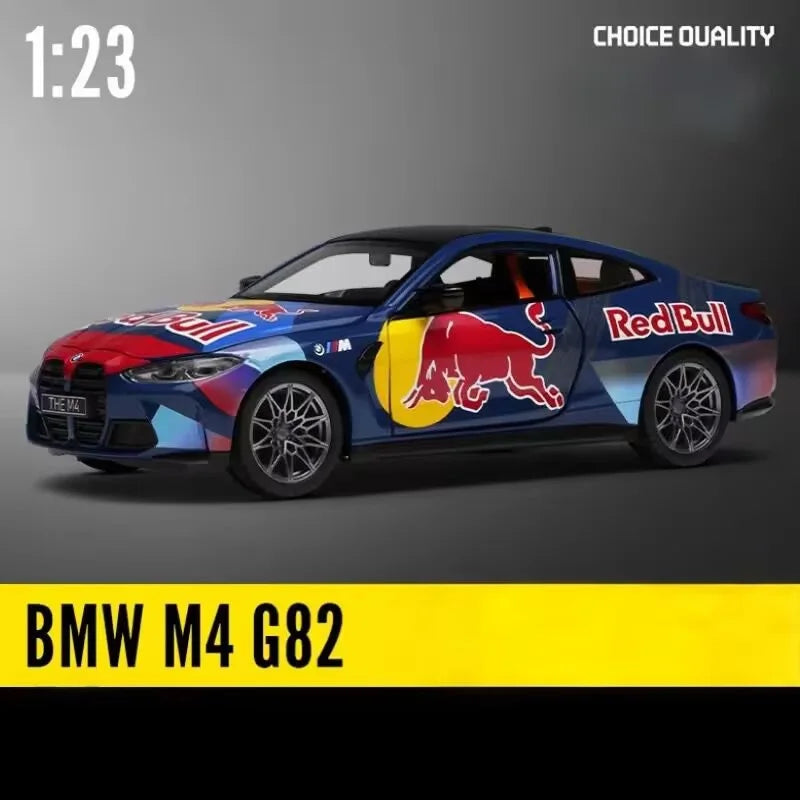 BMW M4 G82 car toy model with Red Bull design, side view, for kids and collectors