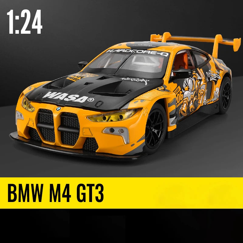 Orange BMW M4 GT3 car toy, front view, designed for racing enthusiasts and collectors