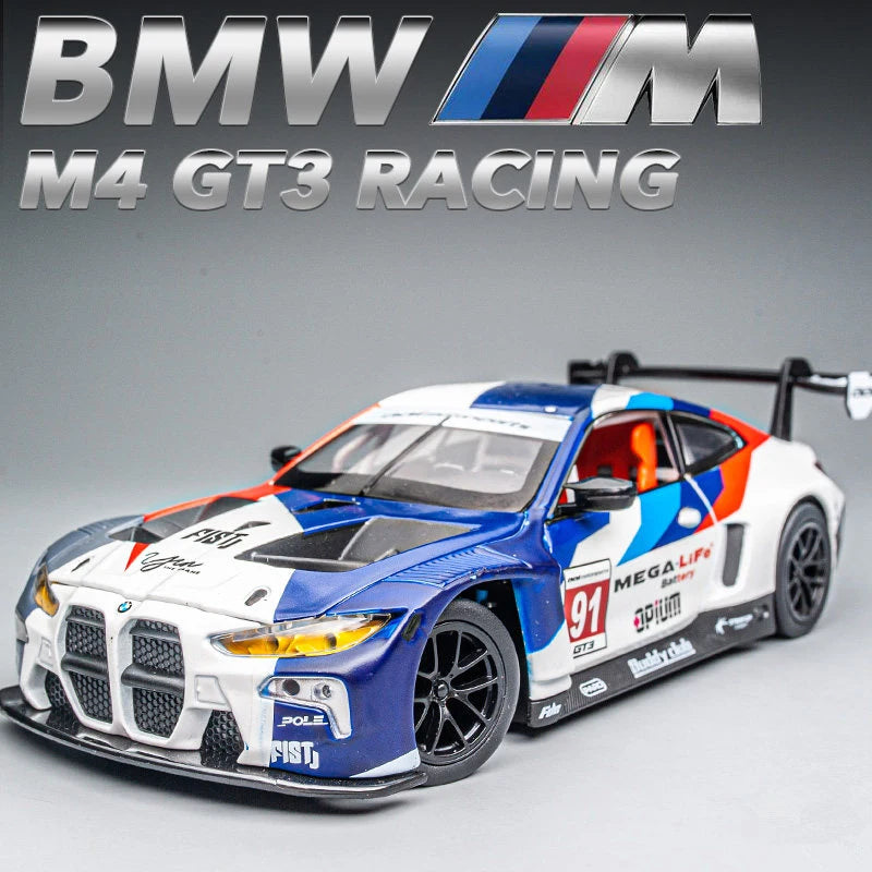 BMW M4 GT3 racing car toy in blue and white, front view, perfect for collectors and racing enthusiasts