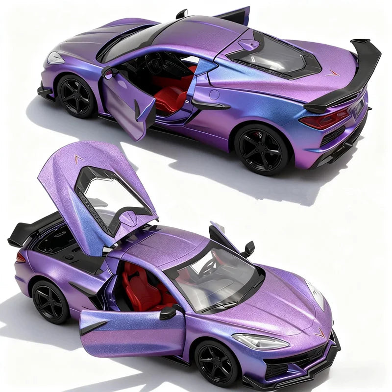 Purple and blue car toy with opening doors, top and side view, perfect for play and display