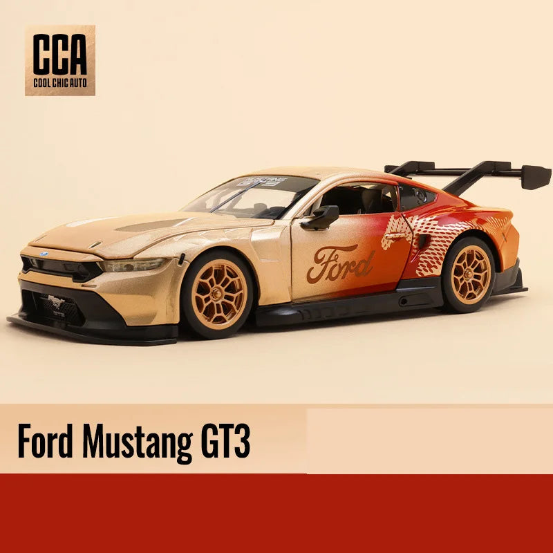 Gold Ford Mustang GT3 car toy, side view, designed for collectors and racing enthusiasts