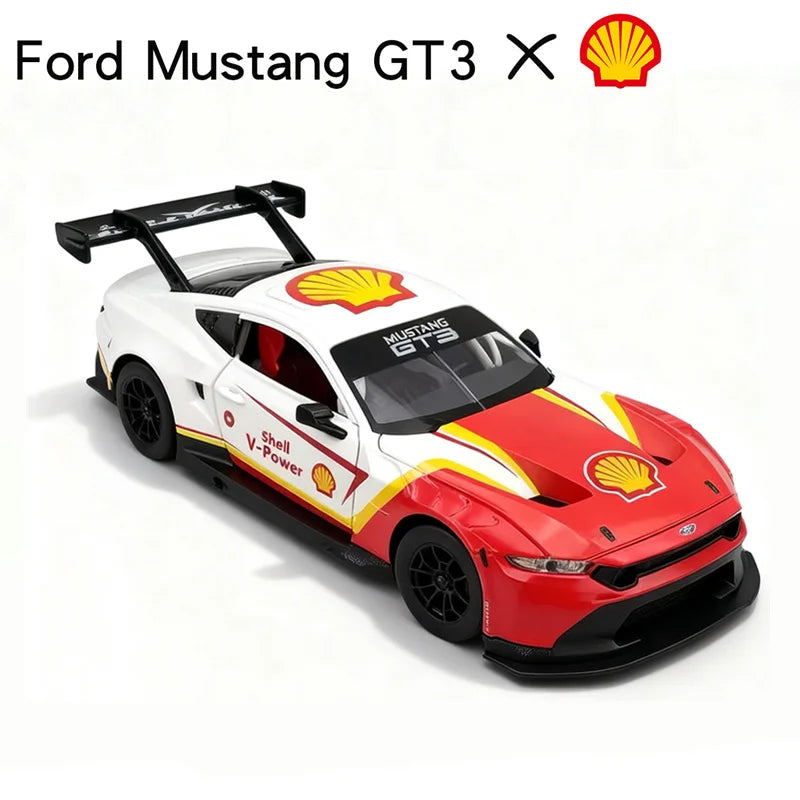 Red and white Ford Mustang GT3 car toy with Shell branding, front view, for imaginative play