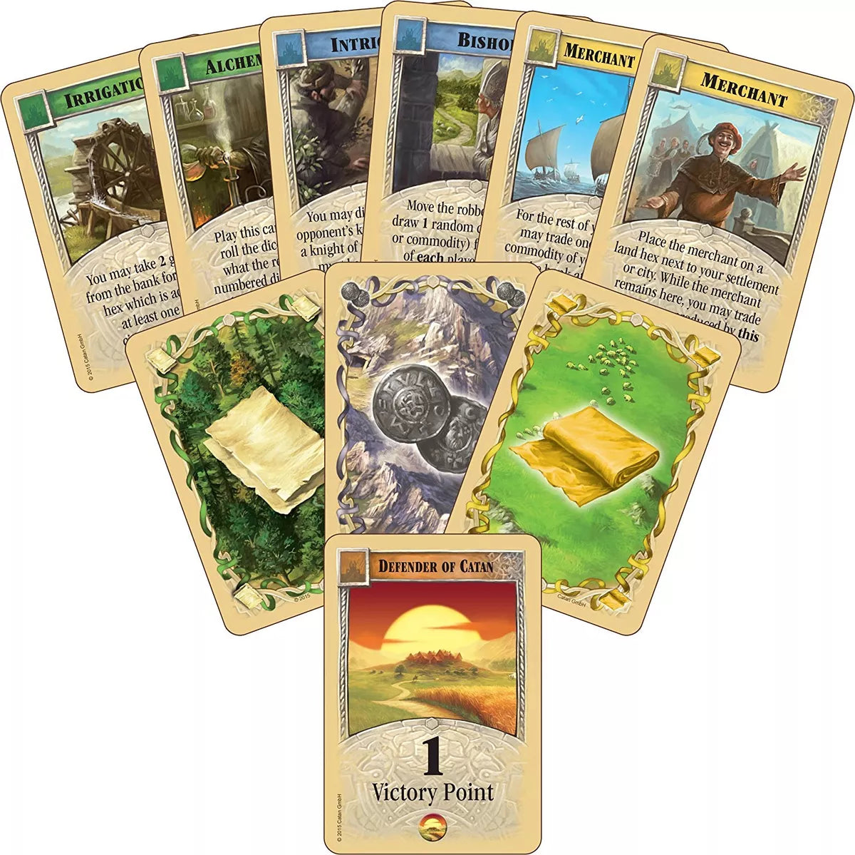 Catan 5th Edition board game India Ahmedabad Gujarat . Fan of development cards including Victory Point and resource cards