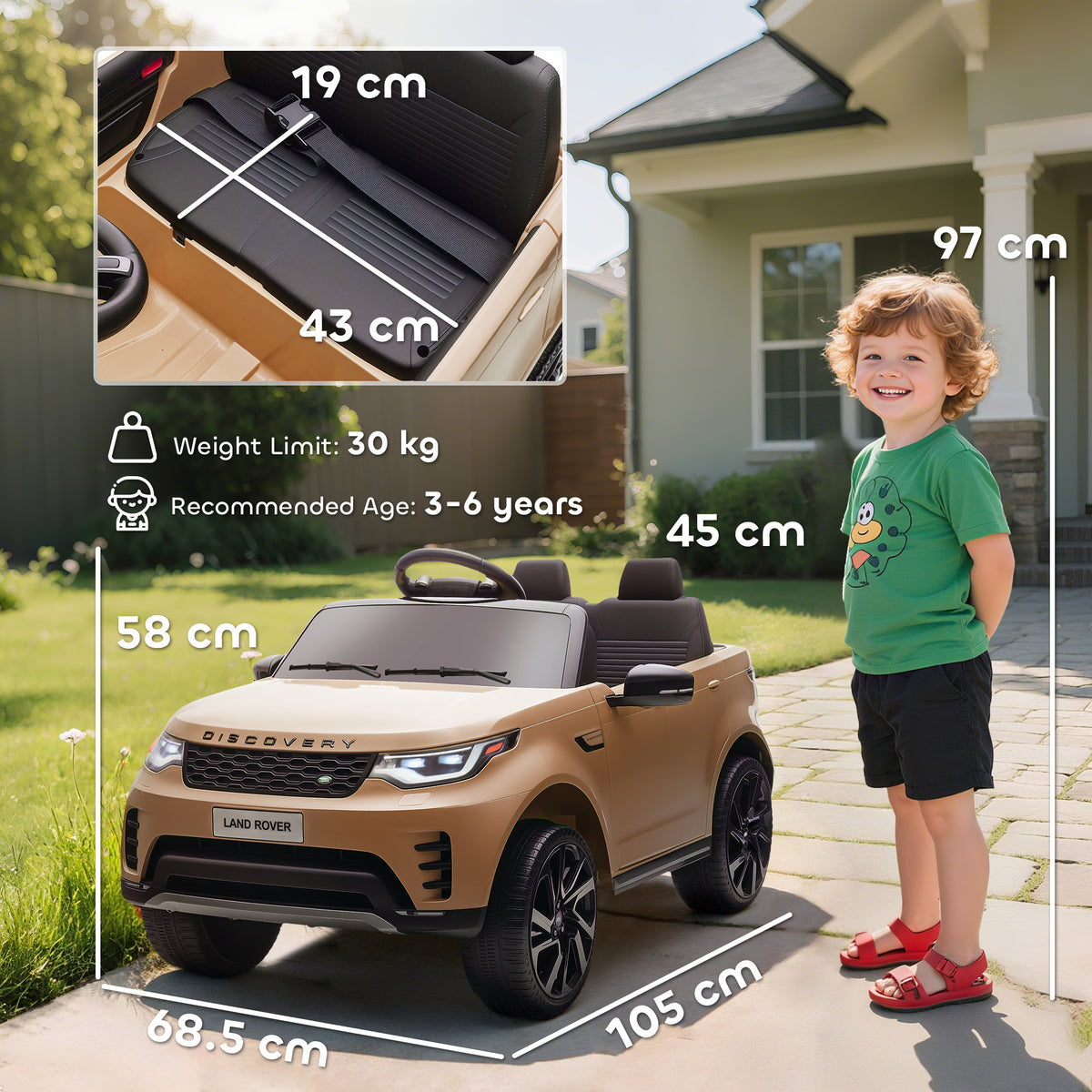 Land Rover Discovery Licensed 12V Kids Electric Car With Remote, 4 Wheel Suspension, Slow Start, Lights, Music, Khaki