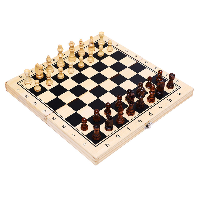 Wooden chess set magnetic with light and dark pieces, top view, for strategic gameplay