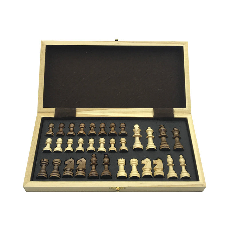 Magnetic chess set in wooden storage box, featuring dark and light pieces for strategic gameplay