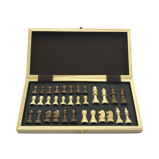 Magnetic chess set in wooden storage box, featuring dark and light pieces for strategic gameplay