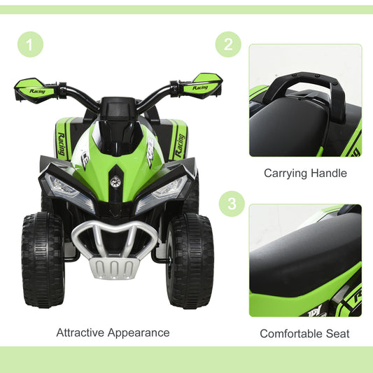 Child's electric ride on car ATV bike for kids in green with carrying handle and comfortable seat from Sam's Toy World