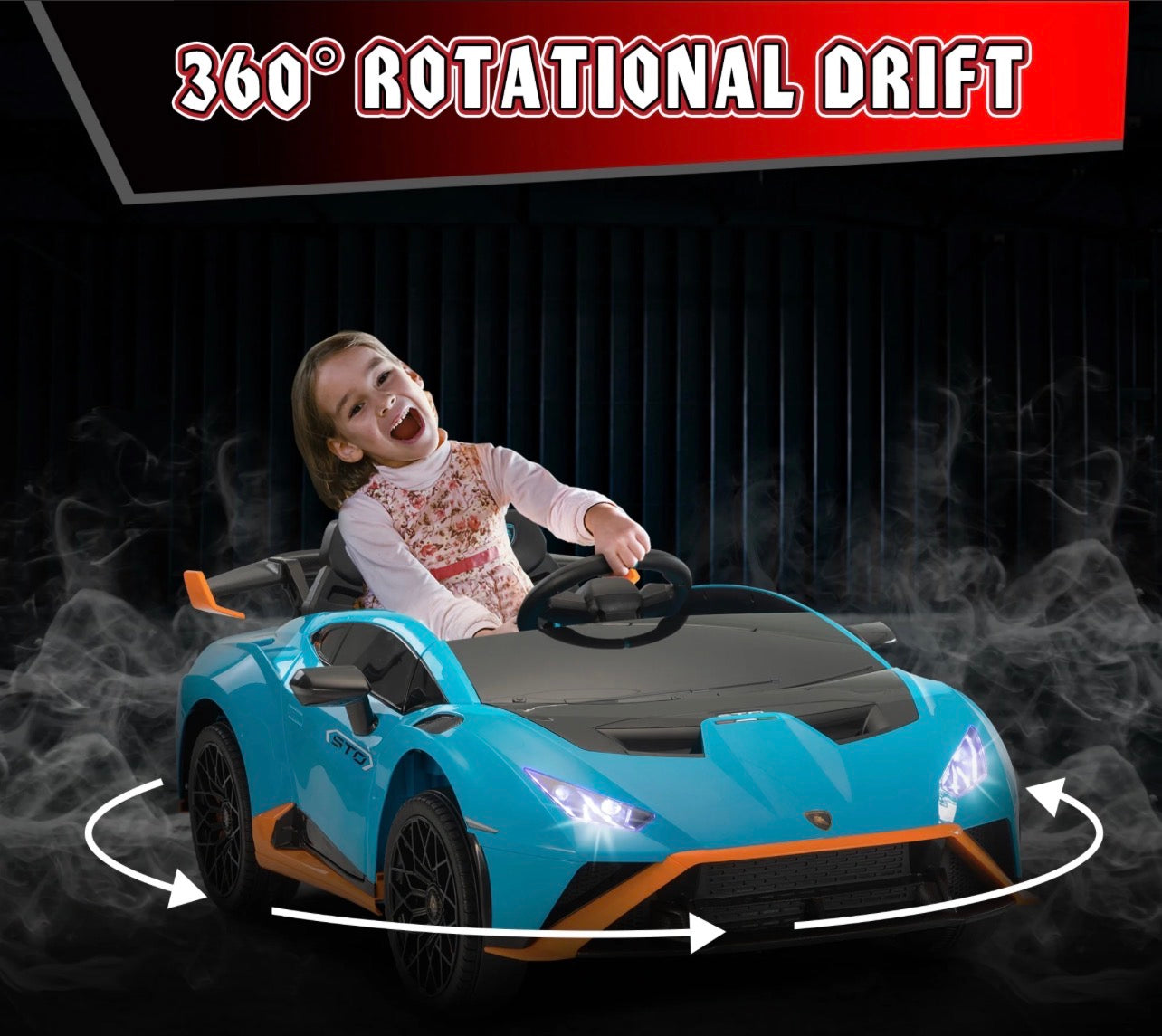Blue child's electric ride on car with 360 degree rotational drift for fun outdoor play