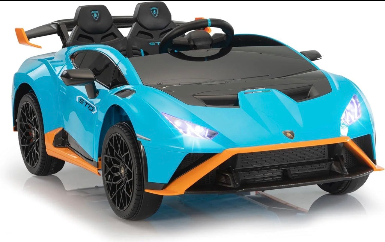 Blue childs electric ride on car with sporty design, front view, perfect for young car enthusiasts