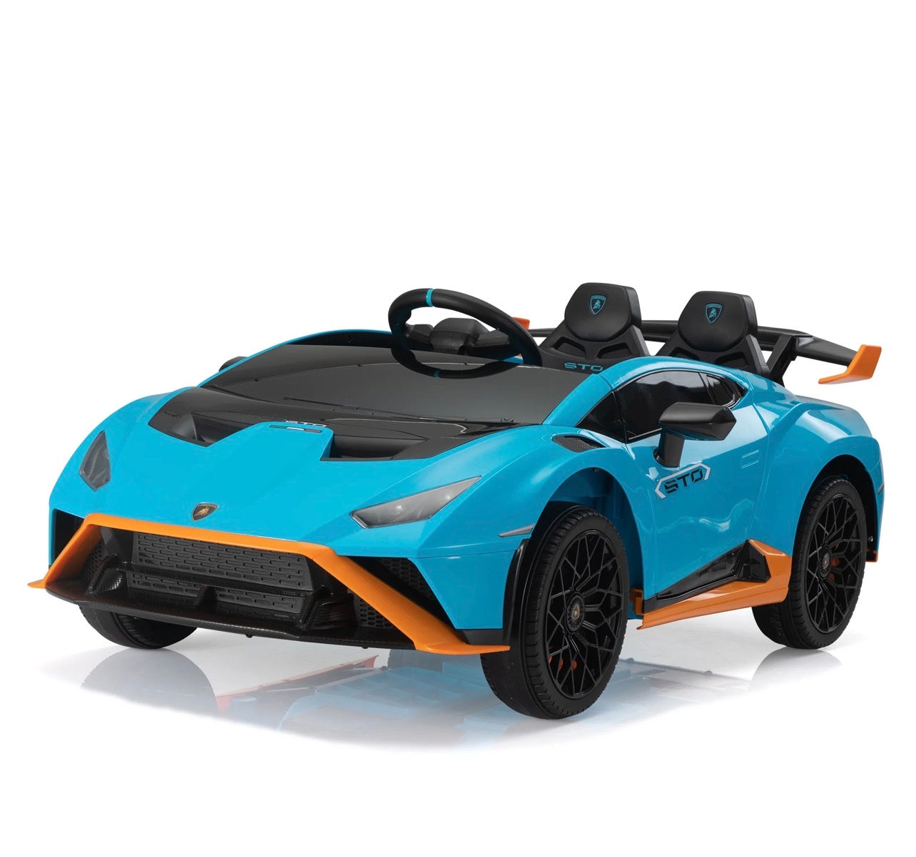 Blue childs electric ride on car with black interior and sporty design, perfect for imaginative play