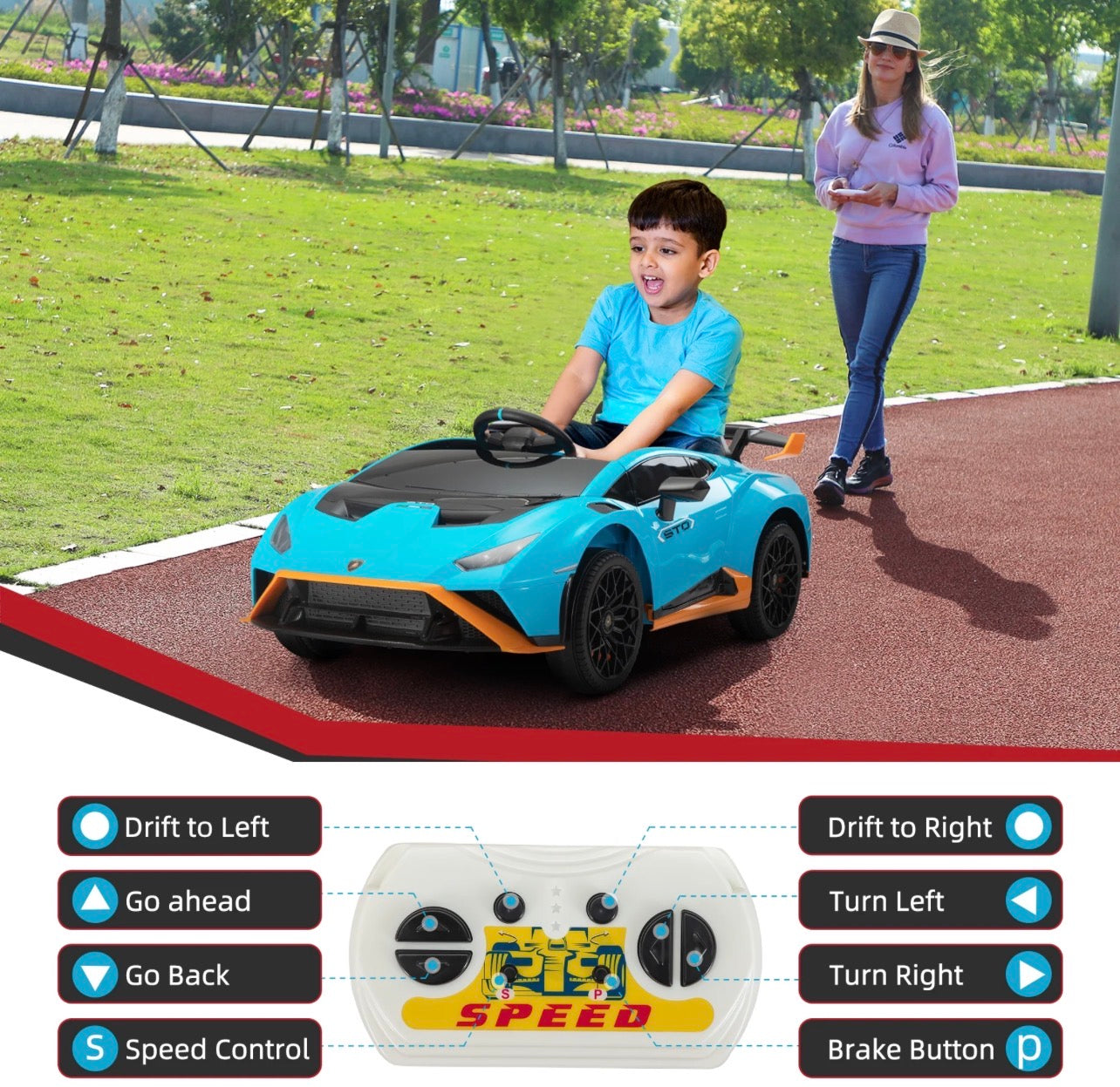 Blue and black child's electric ride on car, front view, ideal for outdoor play and fun activities