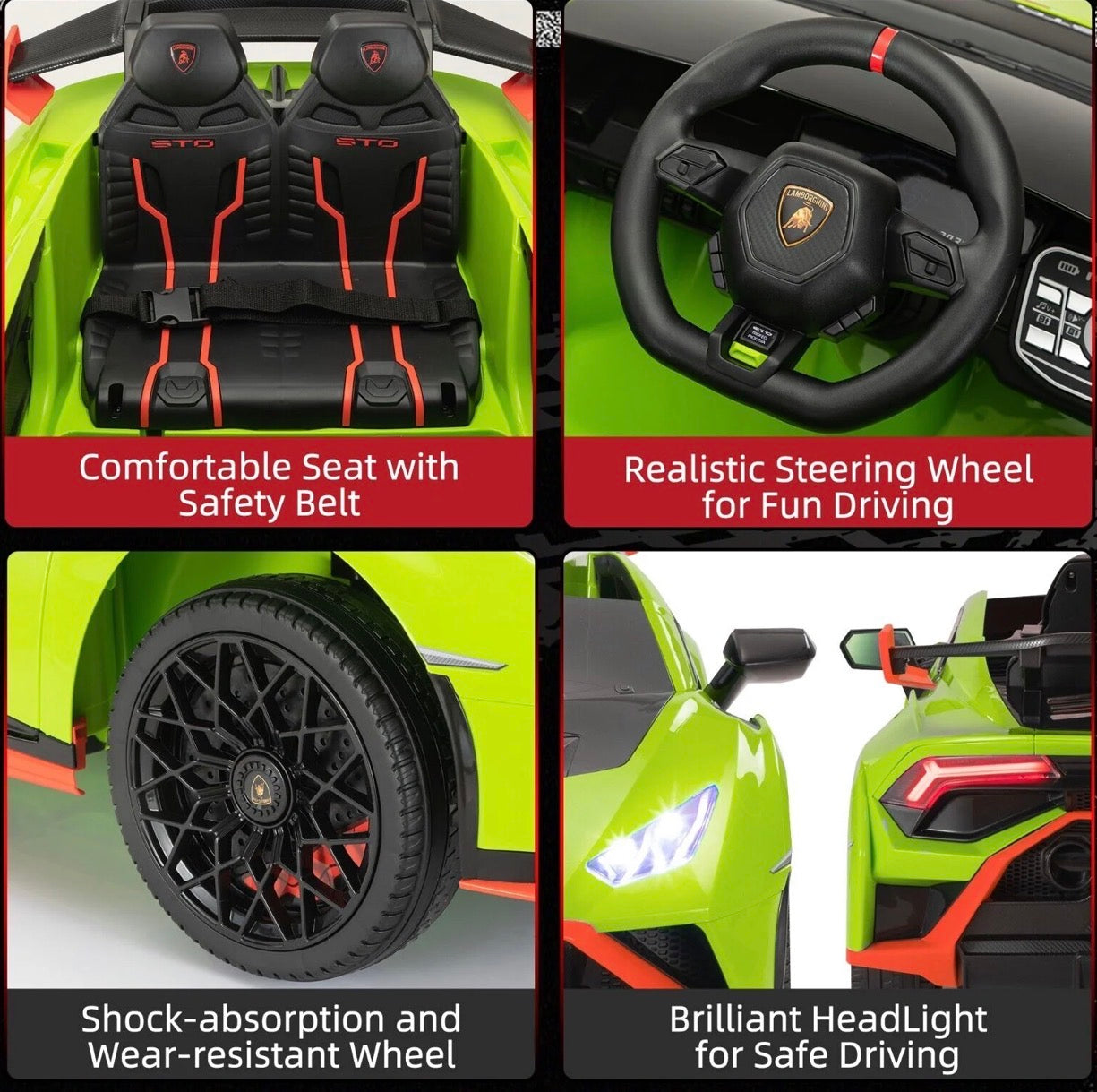 Green childs electric ride on car with safety seat and realistic steering wheel for fun driving