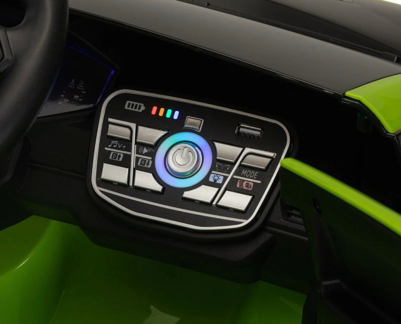 Dashboard of a green childs electric ride on car featuring buttons and a colorful control panel