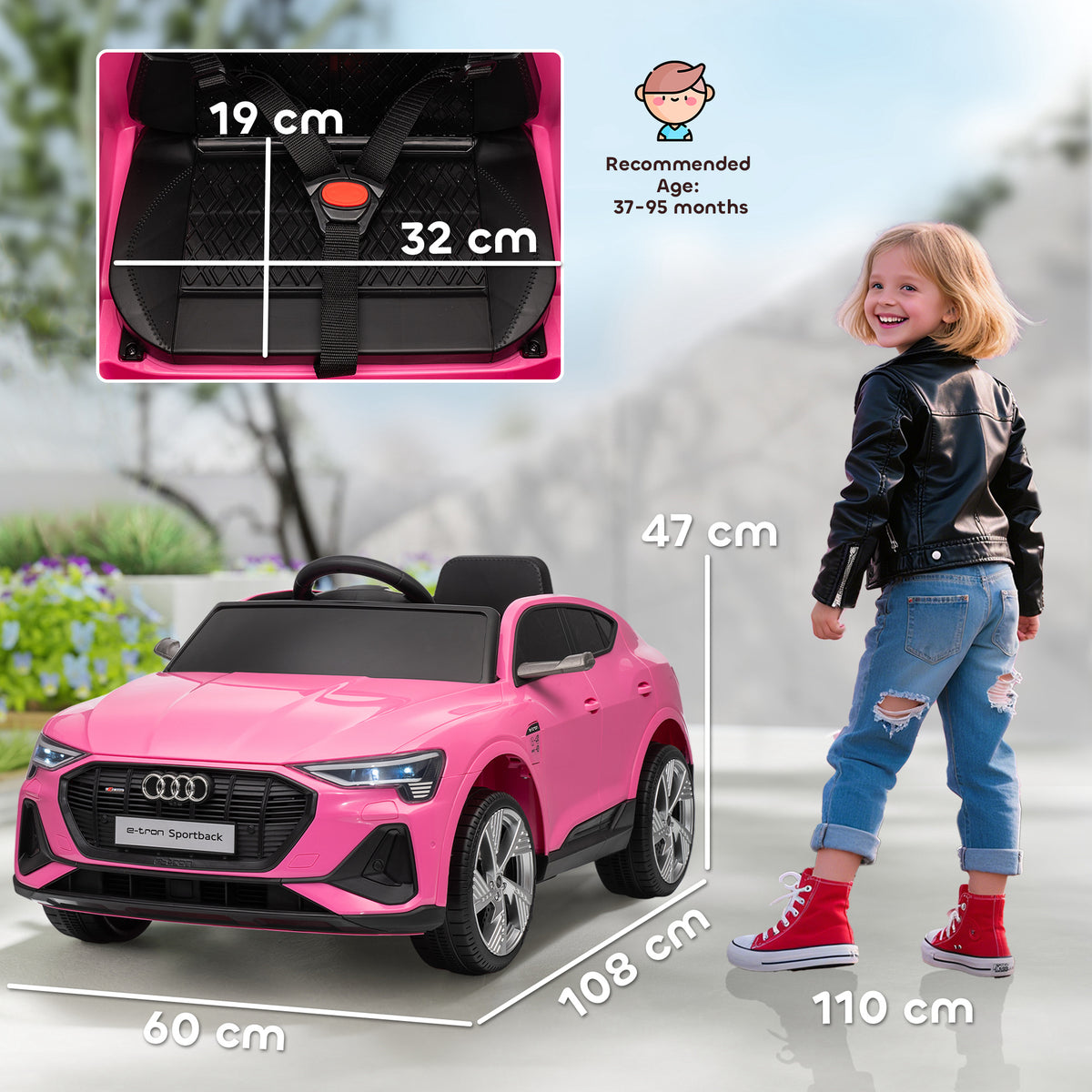 Sam's Toy World pink Audi electric ride on car for girls, suitable for ages 37-95 months