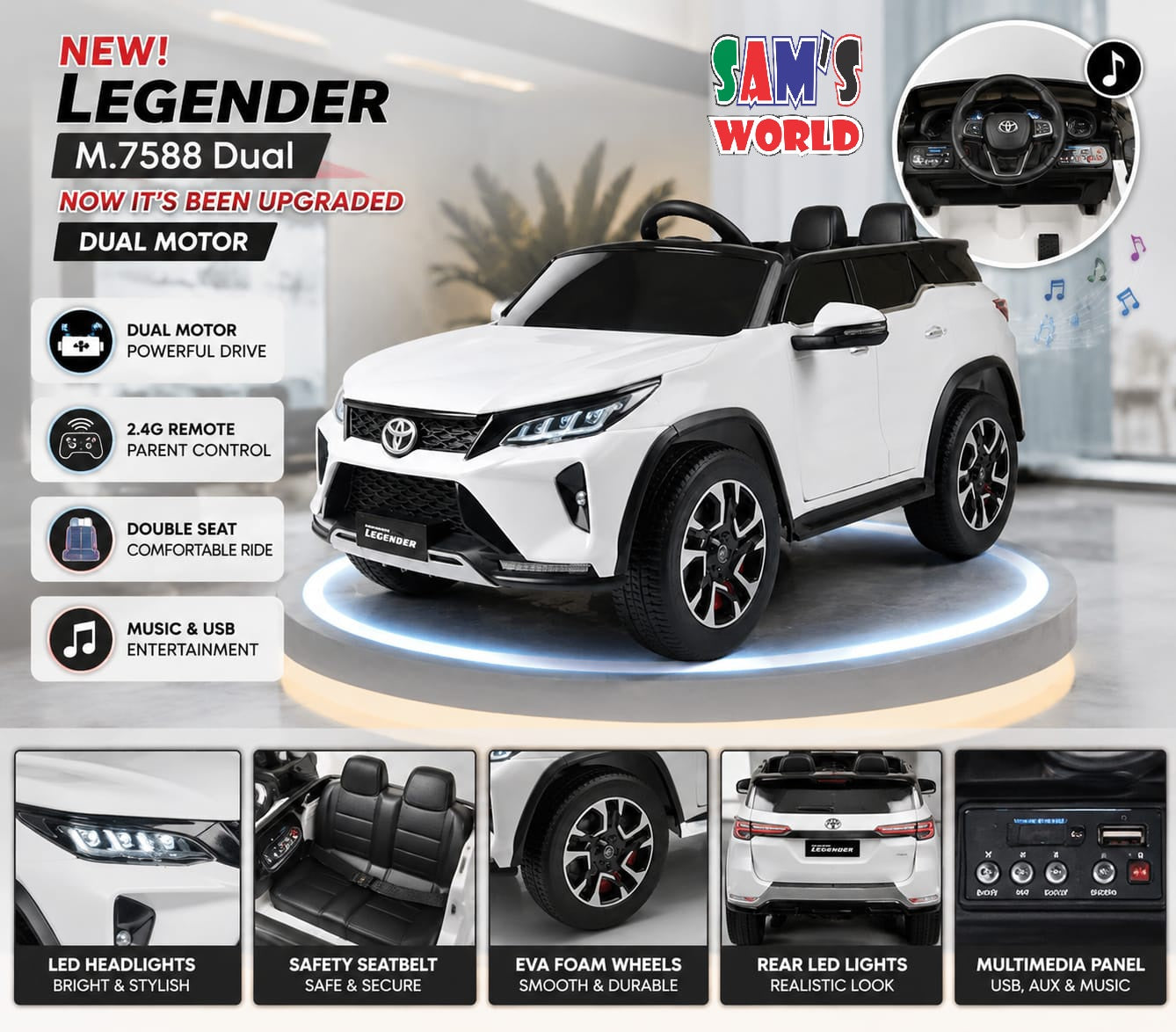 White childs electric ride on car fortune legender with dual motor and multimedia features