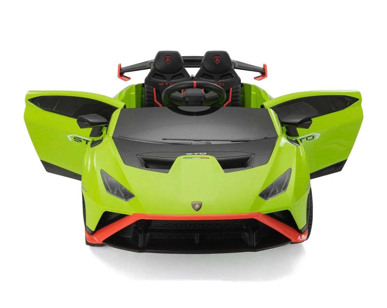 Green Lamborghini-style childs electric ride on car with doors open, designed for kids' fun and adventure