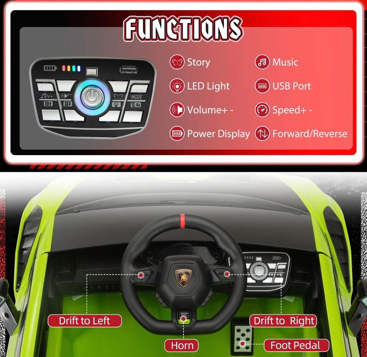 Green child's electric ride on car dashboard with controls, music, LED lights and foot pedal function