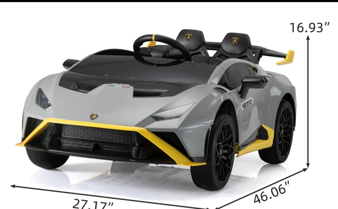 Gray Lamborghini child's electric ride on car, front view, perfect for outdoor fun and adventures