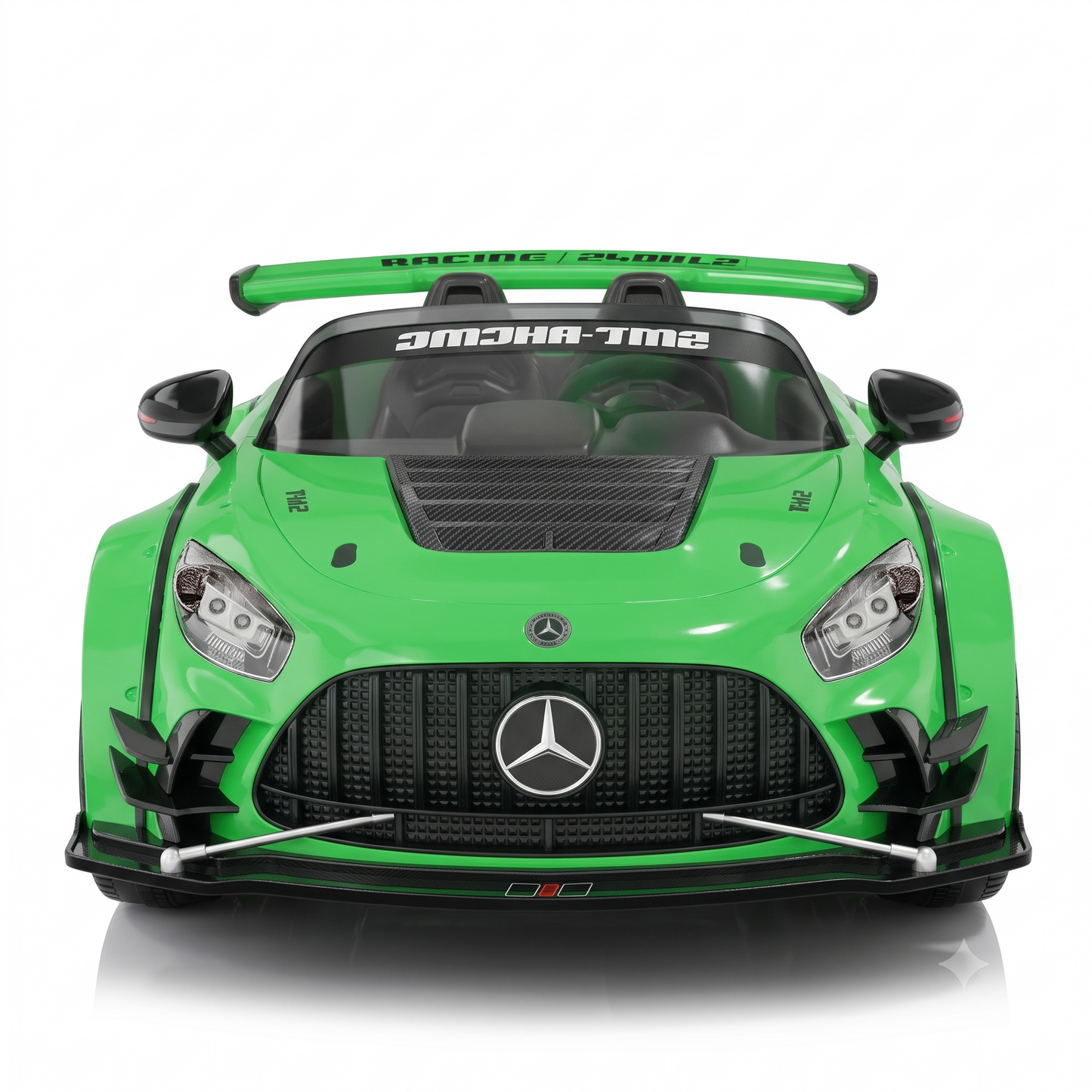 Green childs electric ride on car with sporty design, front view, perfect for young car enthusiasts
