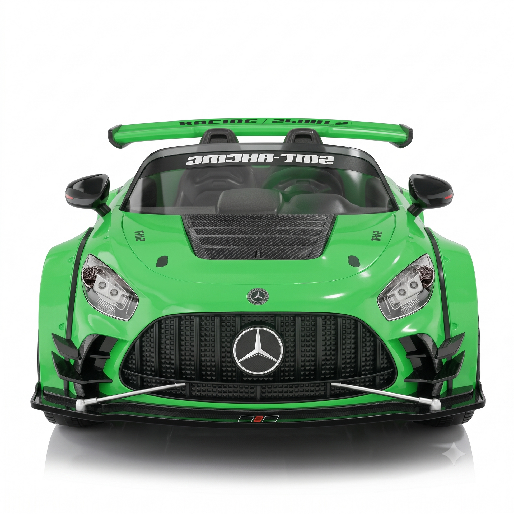 Green childs electric ride on car with sporty design, front view, perfect for young car enthusiasts