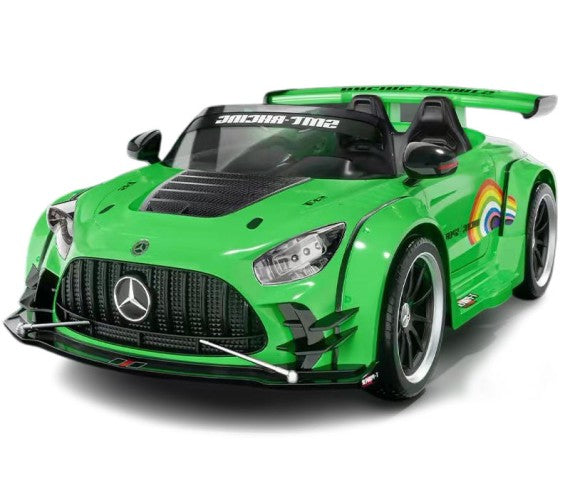 Green childs electric ride on car with sporty design, front view, perfect for outdoor fun and adventures