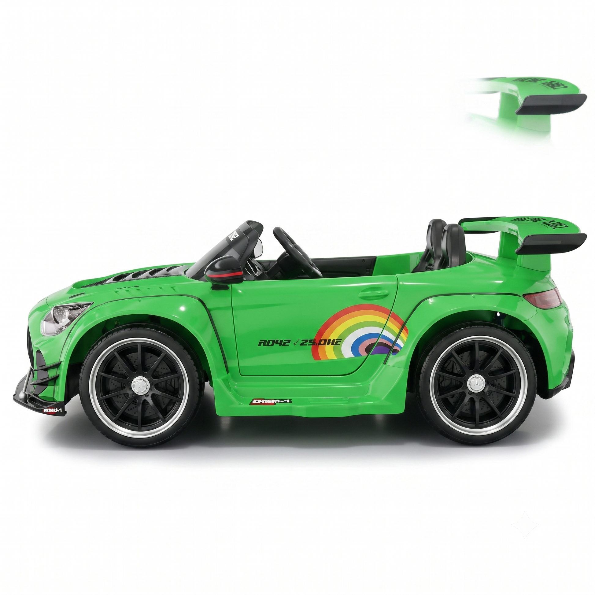 Green childs electric ride on car with racing design, side view, perfect for kids' outdoor fun