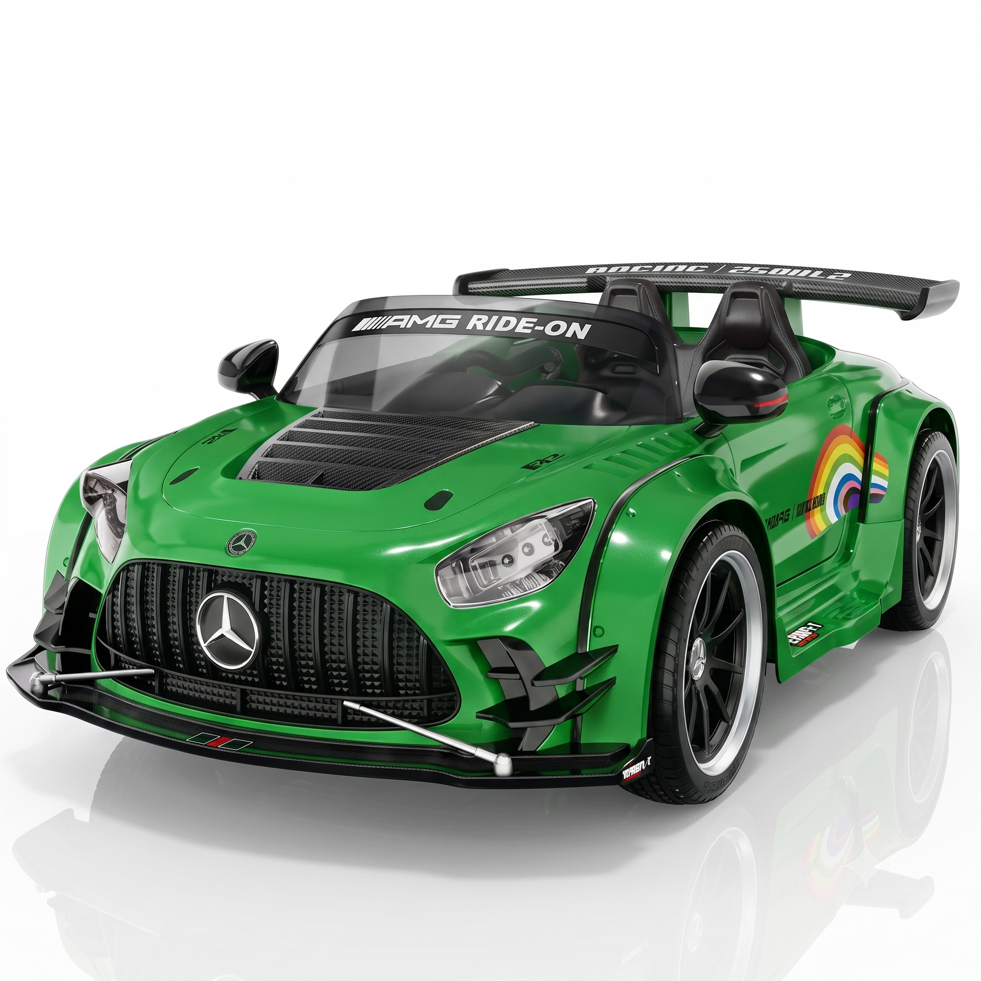 Green childs electric ride on car in sporty design with sleek lines for outdoor fun