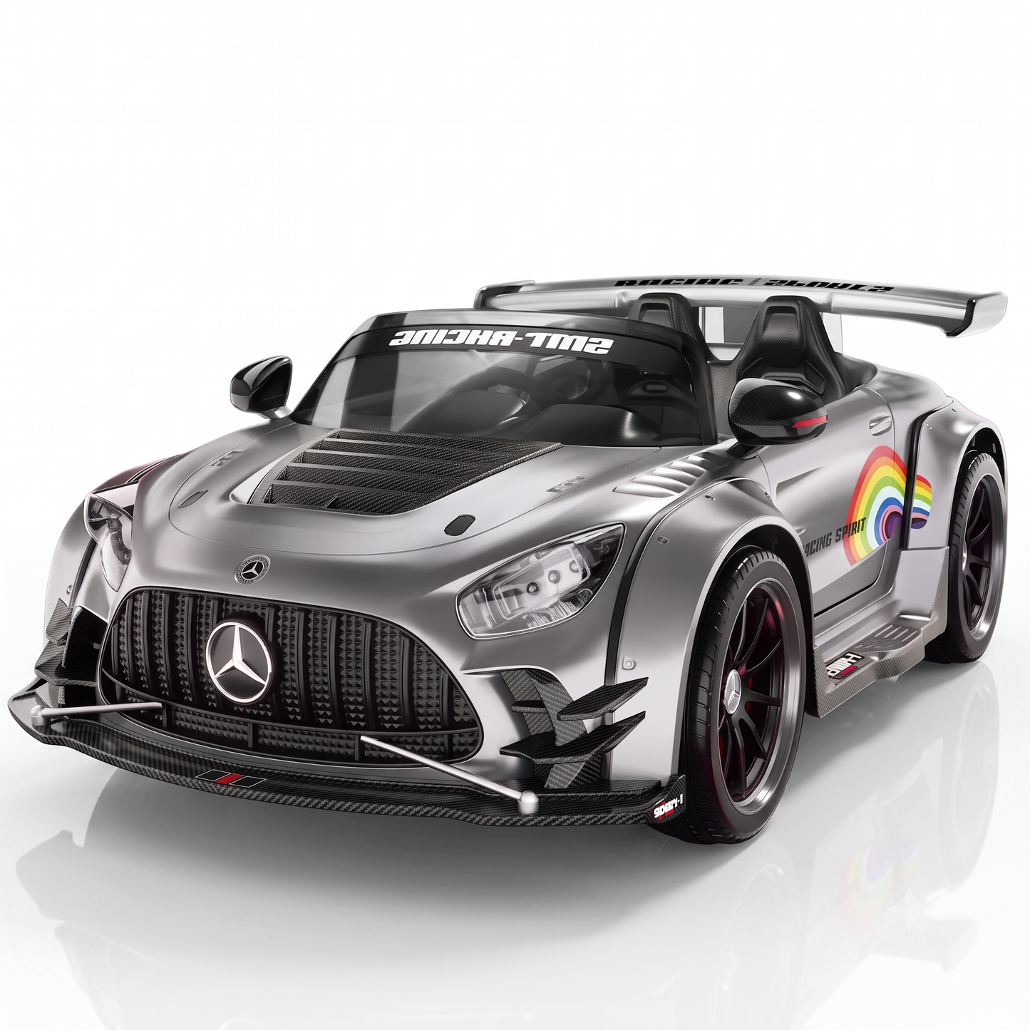 Silver child's electric ride on car with sleek design and racing decals, front view for outdoor fun