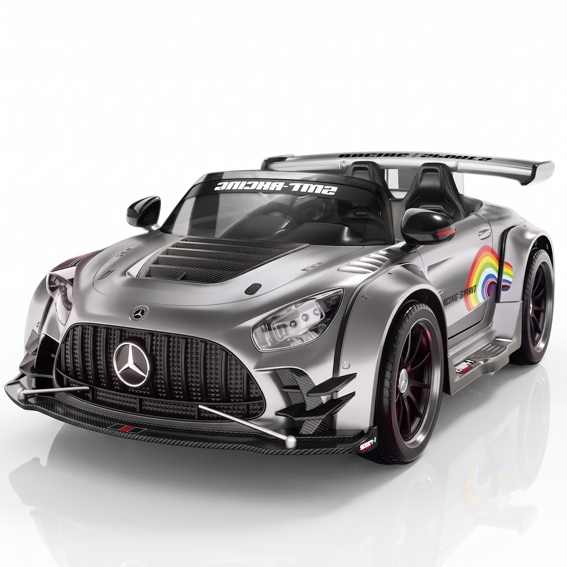 Silver child's electric ride on car with sleek design and racing decals, front view for outdoor fun