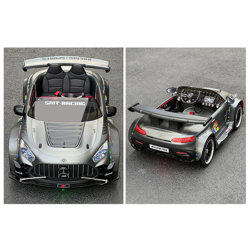 Silver childs electric ride on car with sporty design, top view, for outdoor fun and adventure