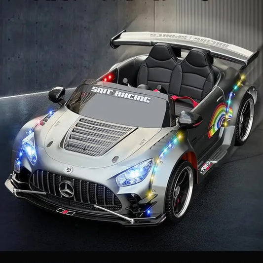 Silver childs electric ride on car with sporty design and LED lights for outdoor fun