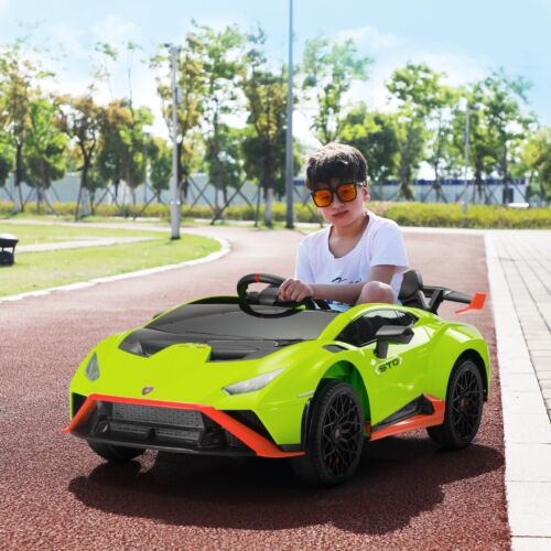 Green childs electric ride on car with sporty design, front view, perfect for outdoor play and adventure.