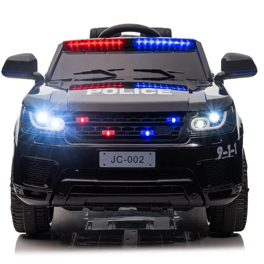 Black police car ride on toy with lights, front view, perfect for kids who love exciting adventures