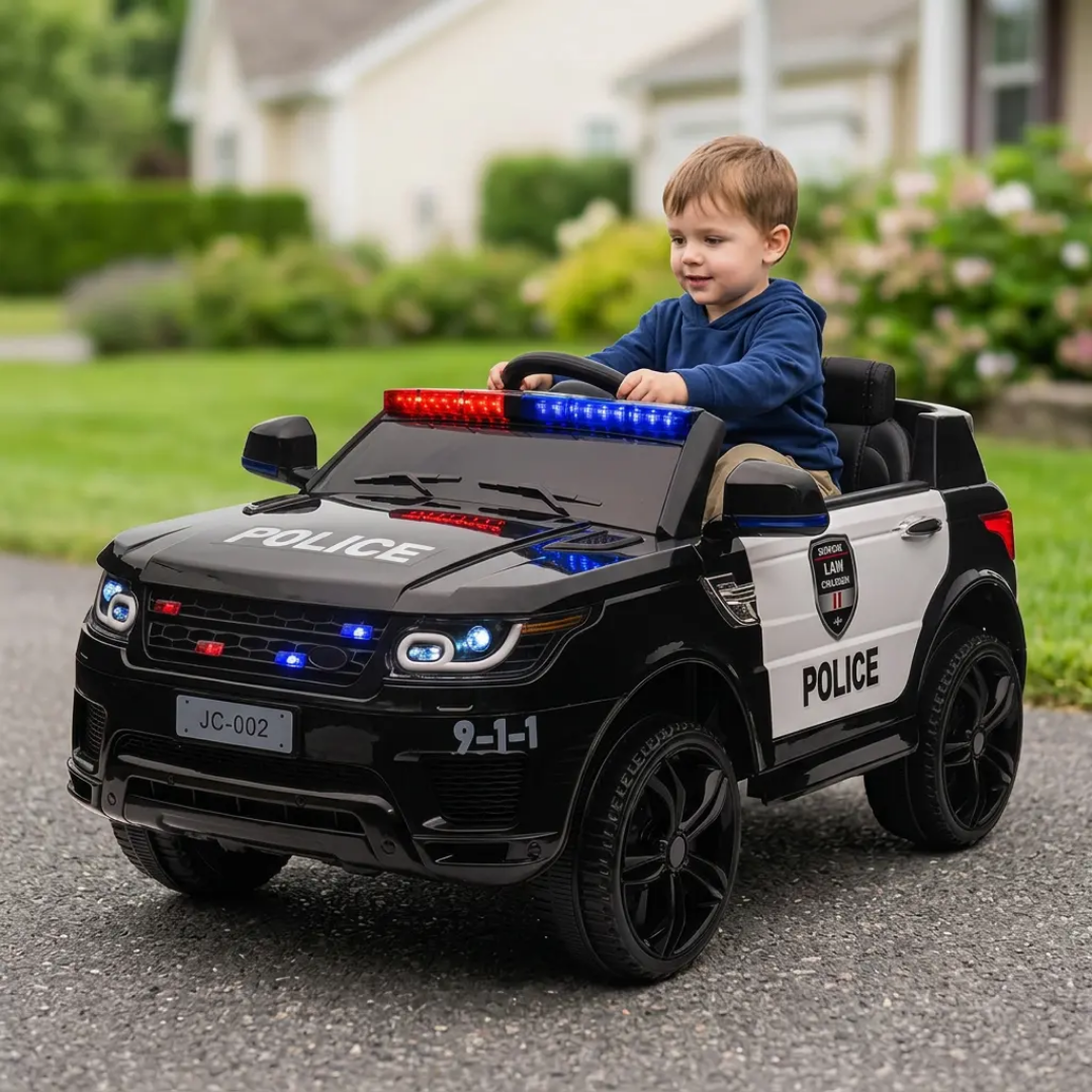 Black childs electric ride on car styled as a police vehicle, front view, perfect for kids to enjoy outdoor adventures