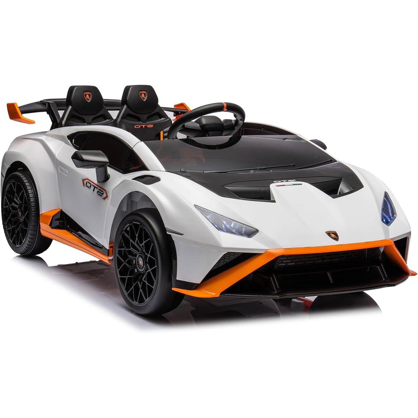 White child's electric ride on car, sporty design, front view, perfect for outdoor play