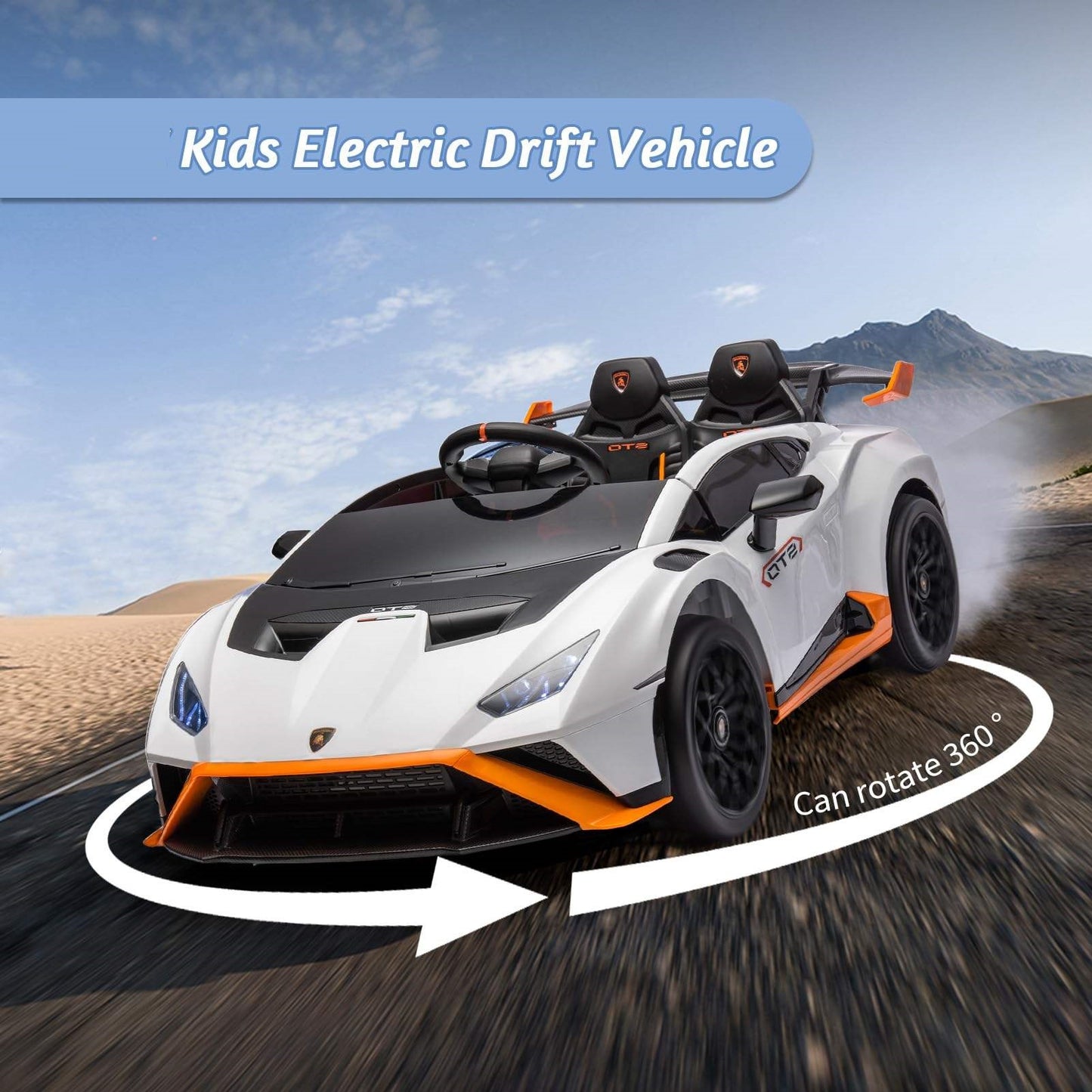 White childs electric ride on car with orange accents, side view, designed for outdoor drifting fun