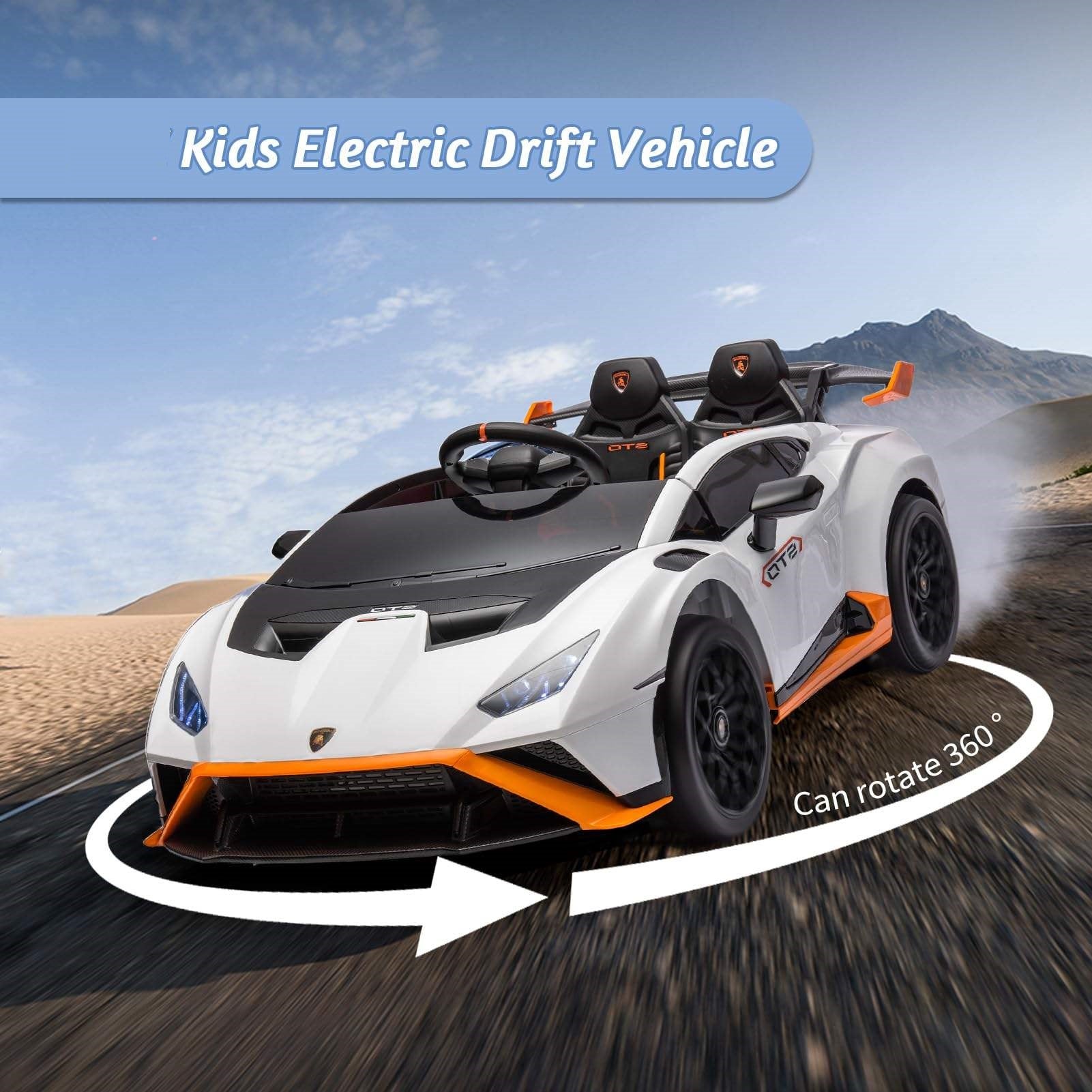 White childs electric ride on car with orange accents, side view, designed for outdoor drifting fun