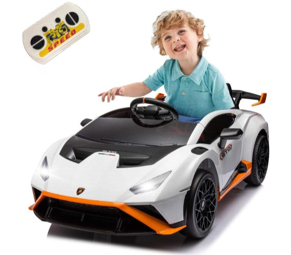 White child's electric ride on car with remote control, side view, perfect for outdoor fun